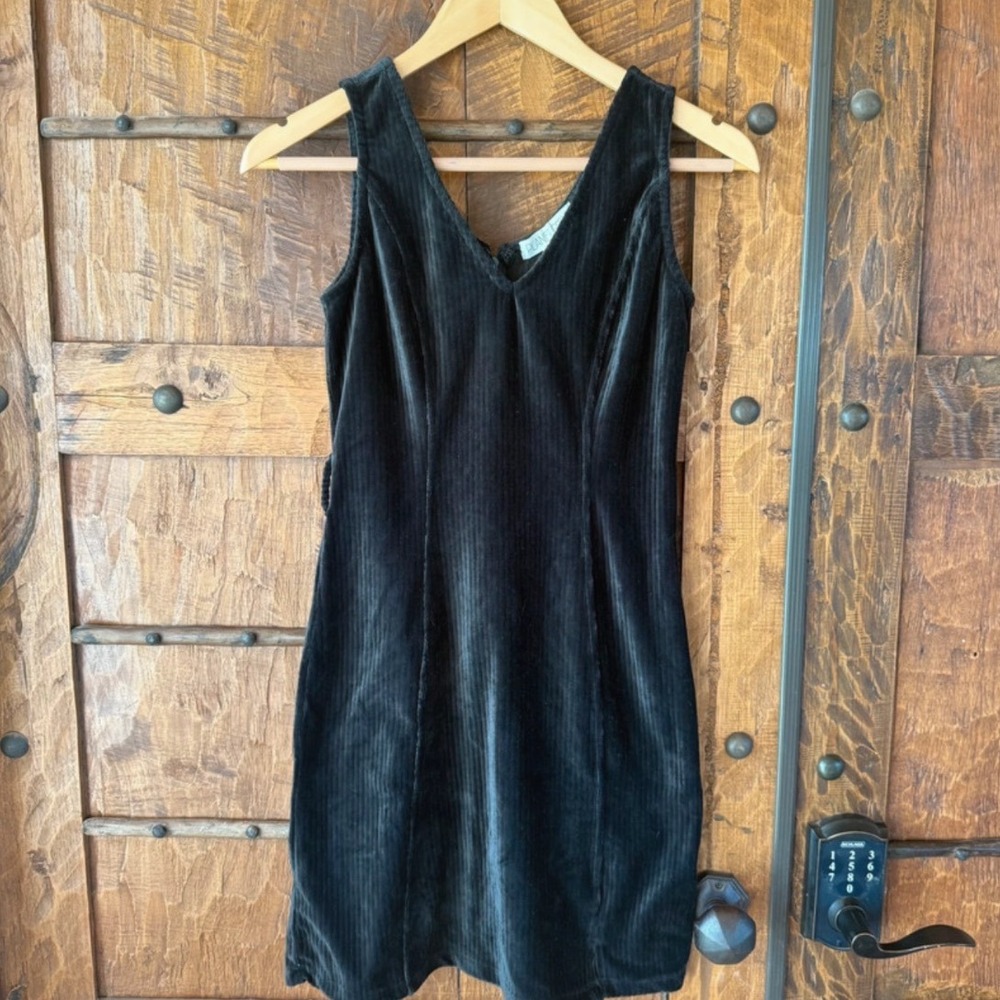 Planet Gold Mini Dress Womens Black Ribbed Velvet Corduroy V-Neck Pockets 90s
